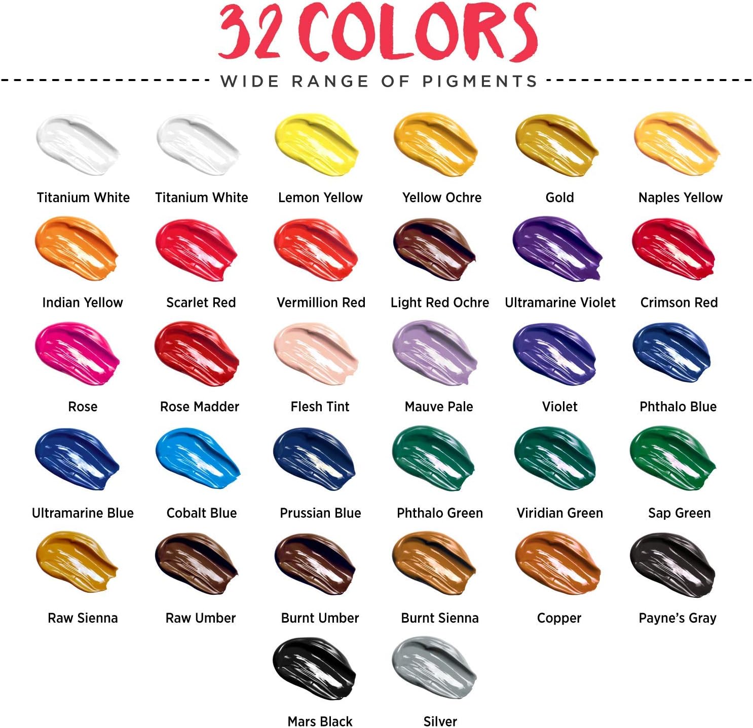 Acrylic Paint Set (32 Colors, 22 ml Tubes, 0.74 oz.) for Canvas, Crafts, Wood Painting - Rich Pigment, Non Fading, Vibrant Non Toxic Paints for Kids, Adults, Beginner & Professional Artists
