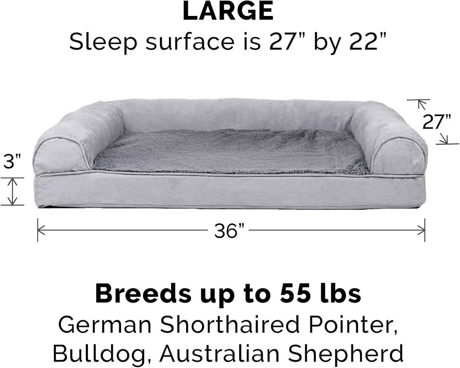 Furhaven Pet Dog Bed - Orthopedic Ultra Plush Faux Fur and Suede Traditional Sofa-Style Living Room Couch Pet Bed with Removable Cover for Dogs and Cats, Gray, Large : Pet Supplies