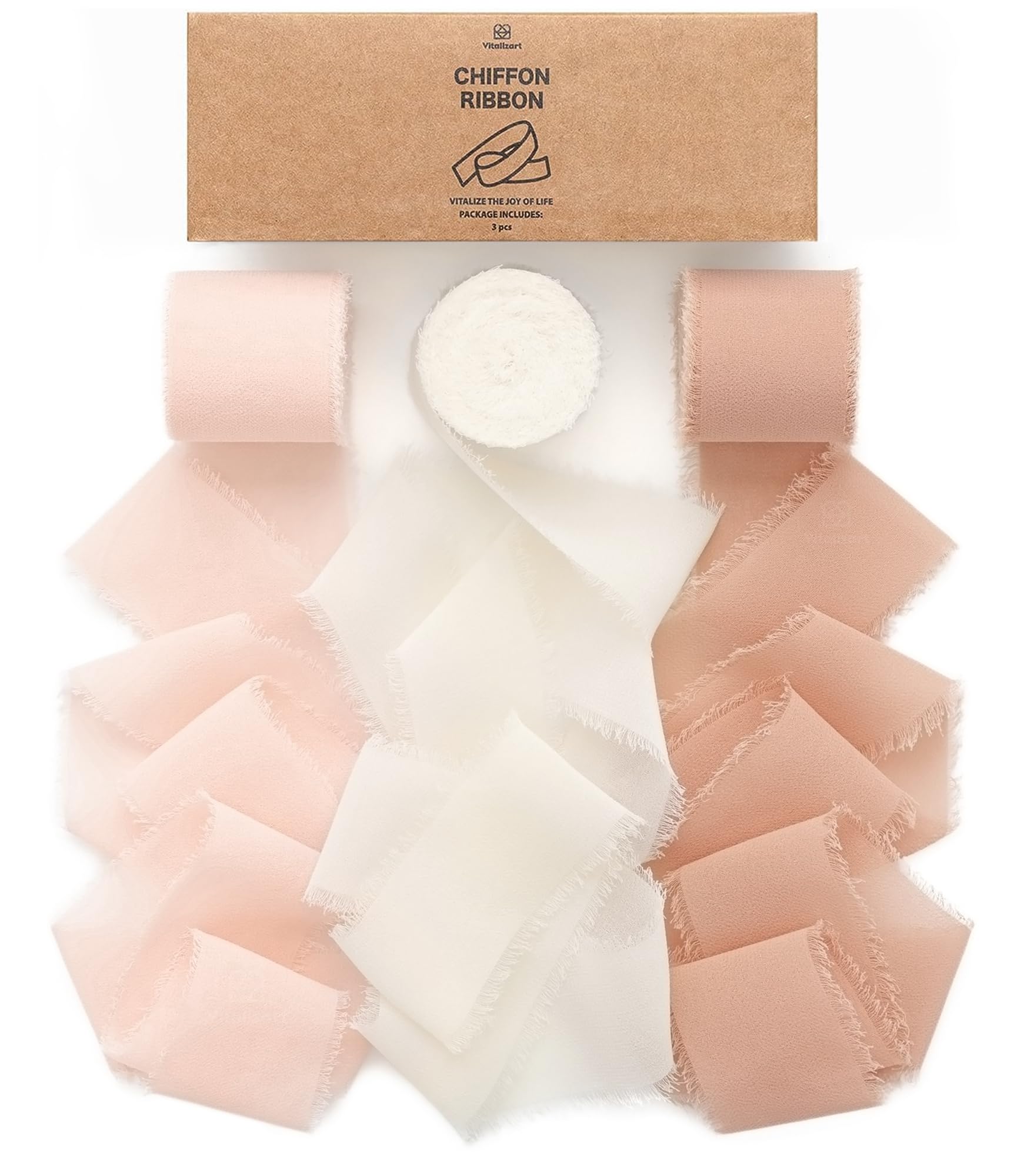 Vitalizart Chiffon Silky Ribbon 3 Rolls 1.5'' x 7 Yd Pink & Cream, 1.5'' x 21 Yd Ribbons Handmade Fringe for Wedding Invitations, Bridal Bouquets, Gift Wrapping, Holiday Decoration, DIY Crafts