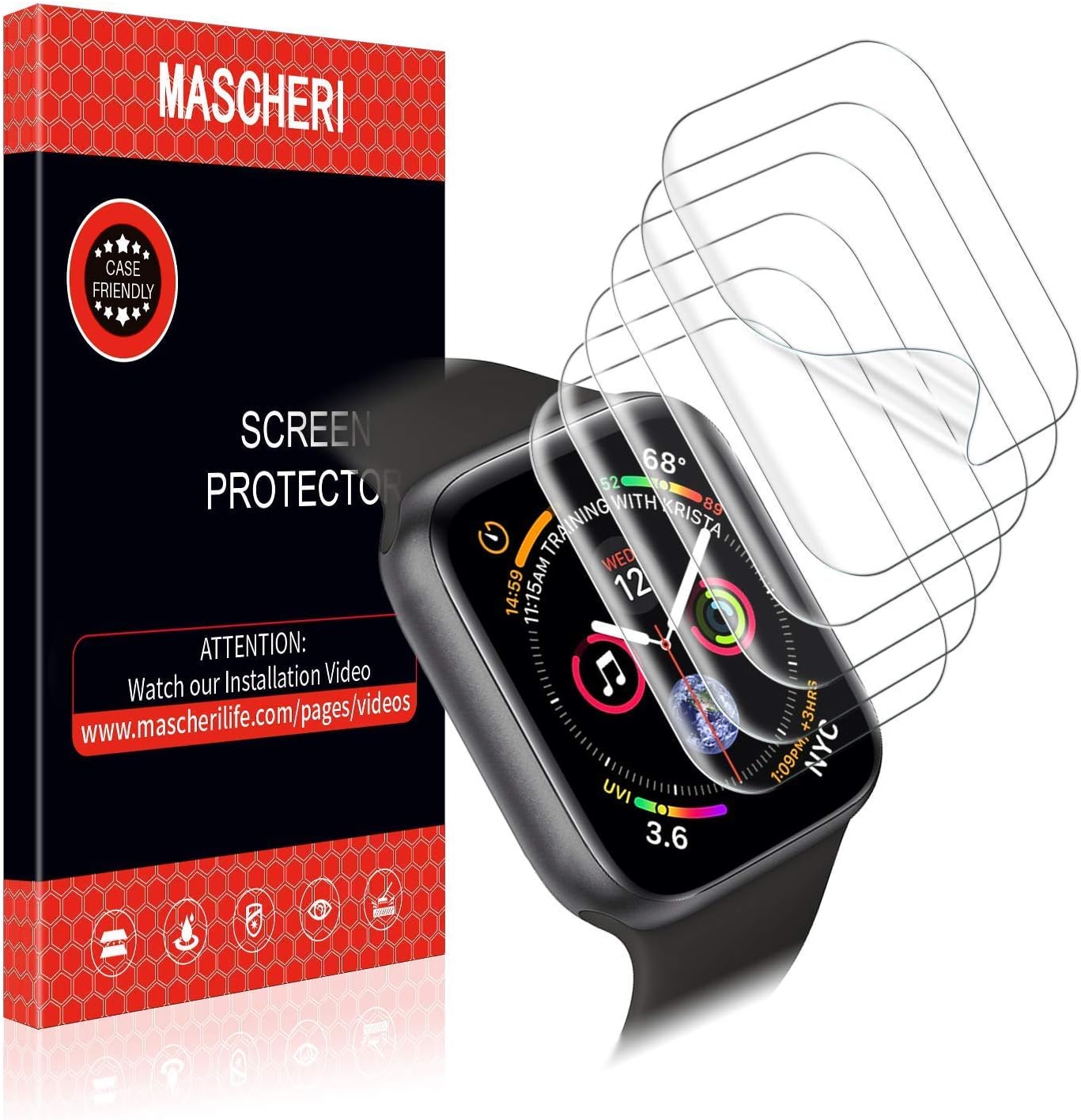 MASCHERI Compatible For Apple Watch 44mm/42mm Series 5/4/3/2/1 Screen Protector, [6 Pack] Wet Install [Anti-Bubble] Protective for Apple Watch 44mm/42mm Series 4 Compatible