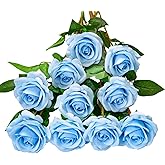 DuHouse 10pcs Fake Roses Artificial Silk Flowers Faux Rose Flower Long Stems Bouquet for Arrangement Wedding Centerpiece Party Home Kitchen Decor (Sky Blue)