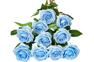 DuHouse 10pcs Fake Roses Artificial Silk Flowers Faux Rose Flower Long Stems Bouquet for Arrangement Wedding Centerpiece Party Home Kitchen Decor (Sky Blue)