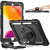 Timecity Case for iPad 9th/ 8th/ 7th Generation 10.2 inch - Heavy Duty Protective Cover with Screen Protector, Rotating Stand, Shoulder Strap & Pencil Holder | Kids-Friendly (Black)