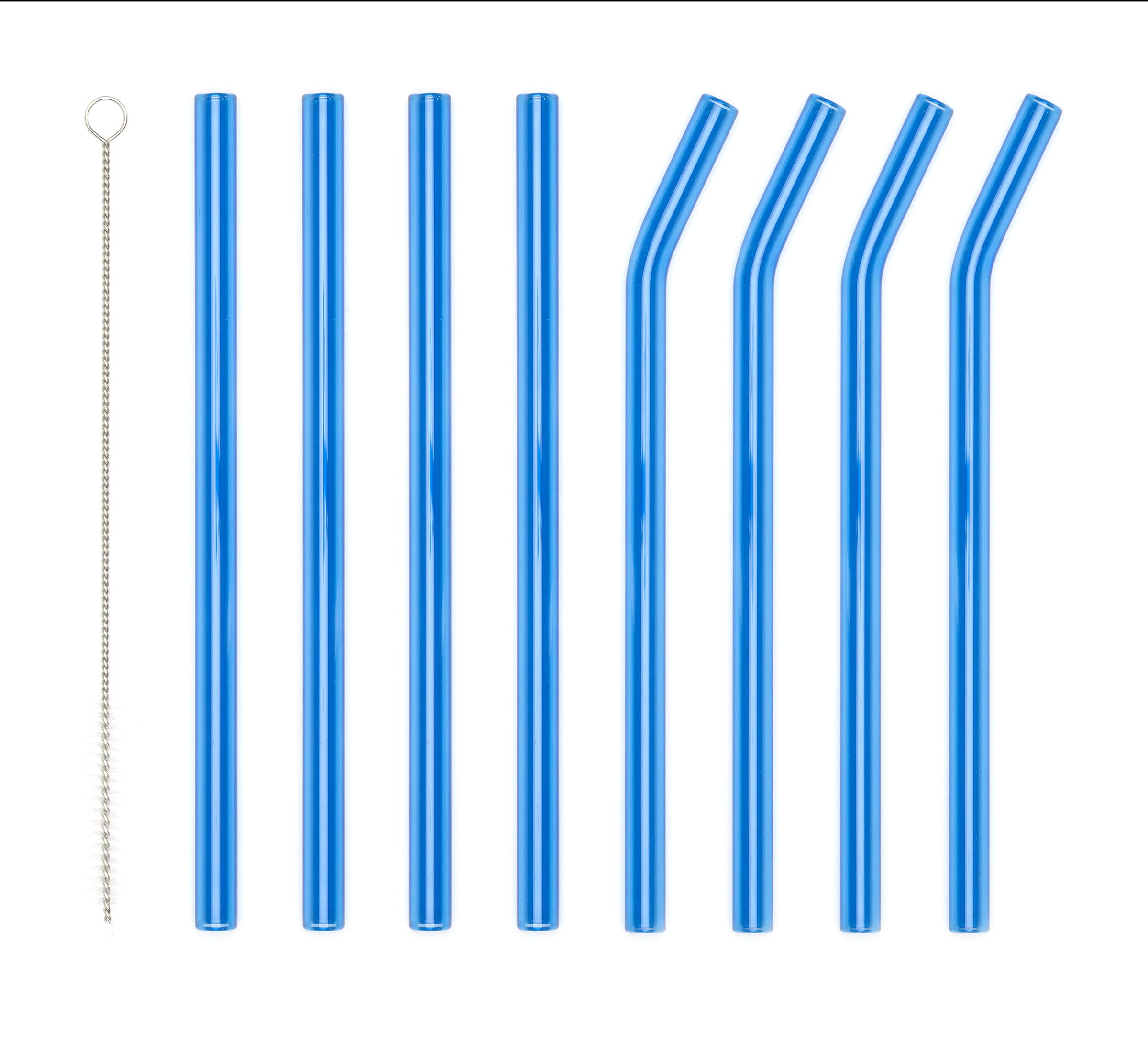 Reusable blue glass drinking straws with 1 cleaning brush - 4 curved and 4 straight glass straws for cocktail, smoothie milkshake or tea - environmentally friendly, healthy.