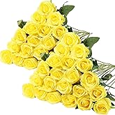 Hotop 40 Pcs Rose Artificial Flowers Bulk with Long Stem,Realistic Silk Fake Roses Bouquet for Home Wedding Centerpieces Party Table Decoration Valentines Gifts(Yellow)