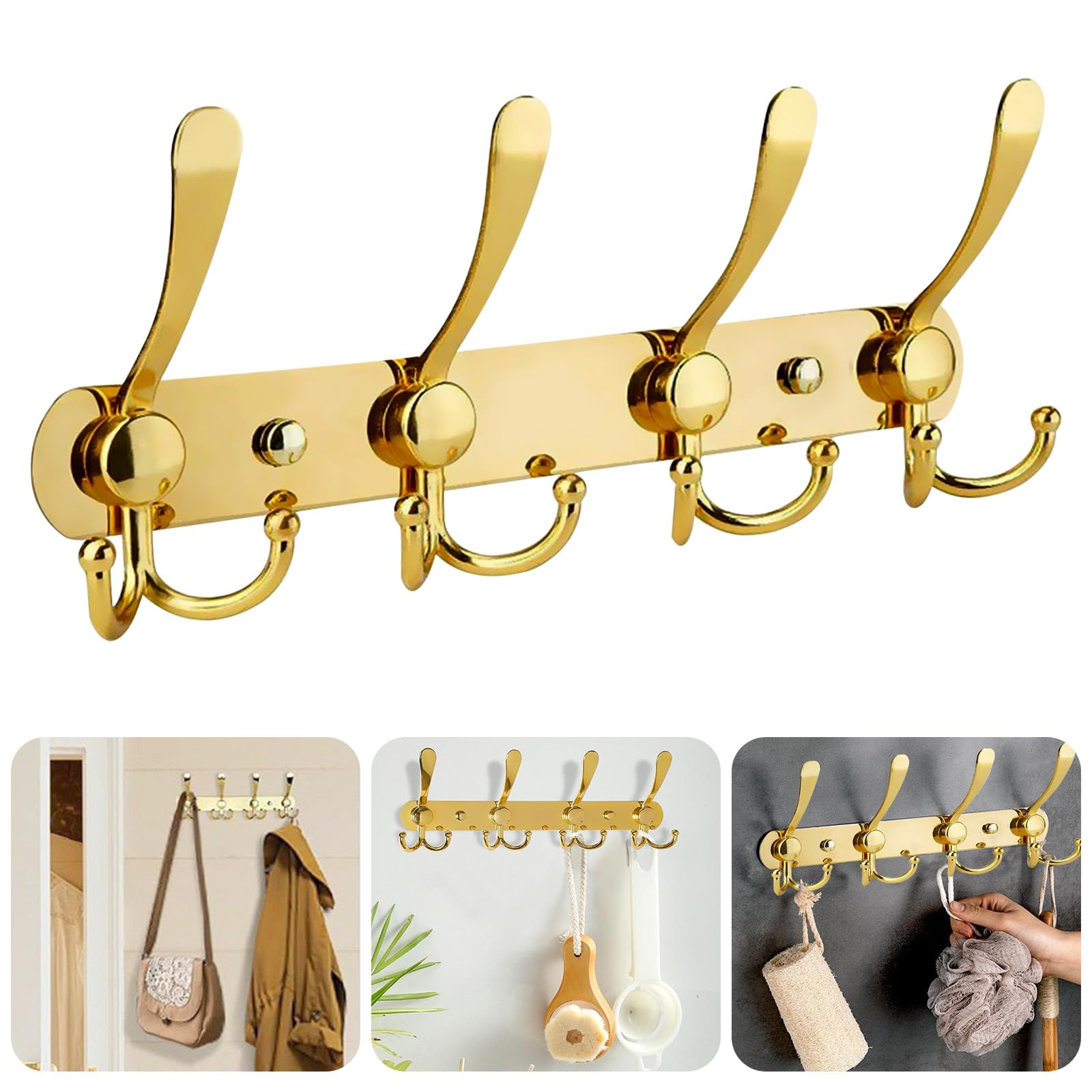 Noekye Coat Hat Purse Towel Rack Hooks Holder Hook Hanger Door Wall Mount Mounted for Bathroom Hanging 3×4 Hangers, 1 Pack Gold