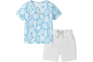 Coco&RARA Toddler Boy Clothes Outfits Kid Summer Hawaiian Print T-Shirt + Elastic Waist Pockets Shorts Clothes Set 2-7T