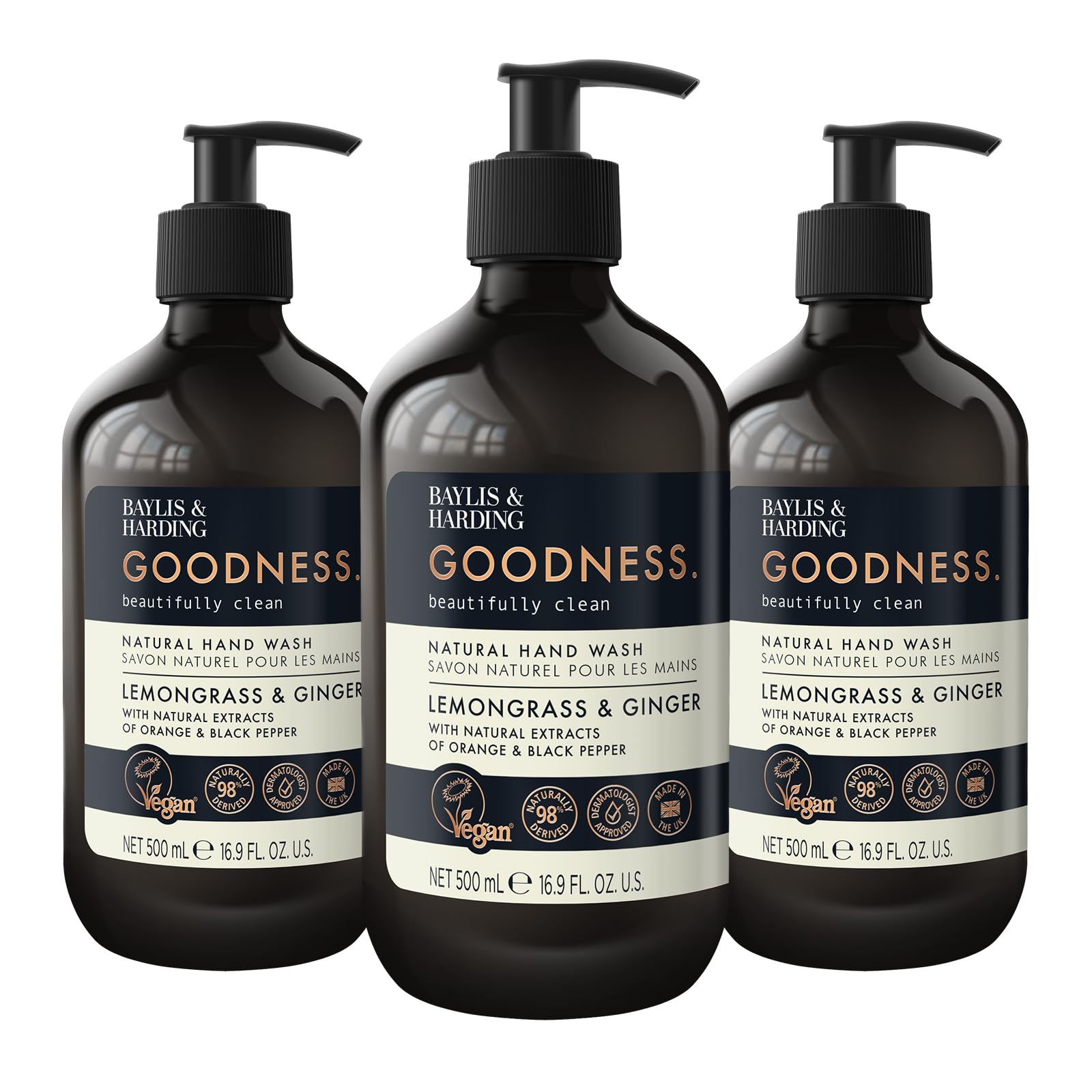 Baylis & Harding Goodness Lemongrass & Ginger Hand Wash, 500 ml (Pack of 3) - Vegan Friendly