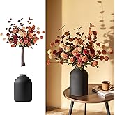 BLOSMON Flower Centerpiece Table Decorations: Metal Vase with 12 Stems of Fake Mums Kiku Flowers Eucalyptuses for Home Dining Room - Burnt Orange Artificial Pom Poms Floral Arrangement in Vase