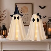 2 Pack 24 Inch Halloween Ghost Decorations, Light Up Ghosts with Witch Hats, DIY Spooky Ghost Decor with LED Lights for Porch Yard Lawn Garden Home Halloween Party