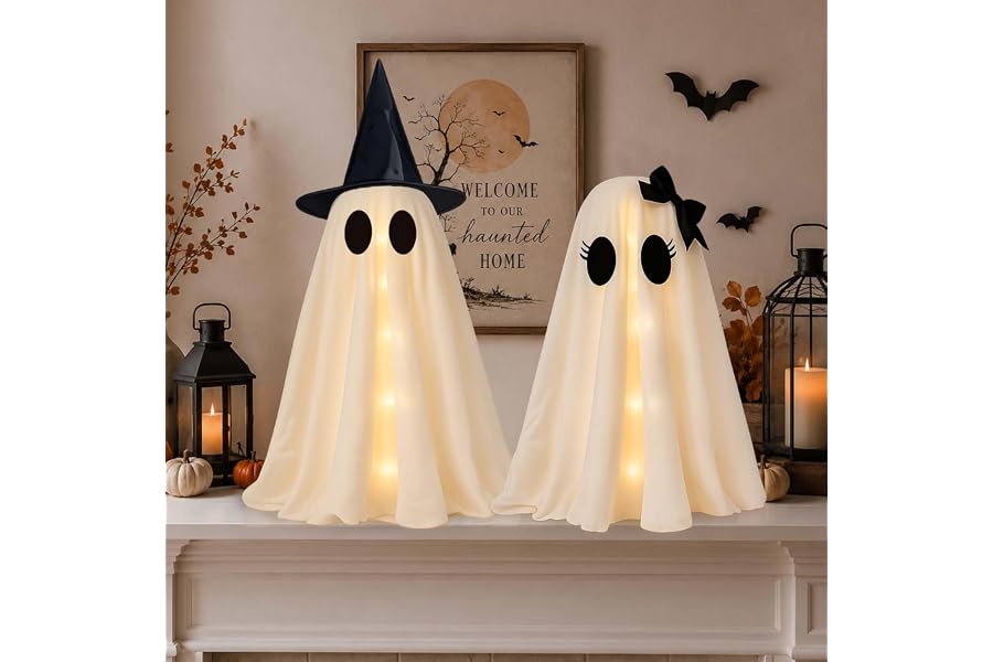 2 Pack 24 Inch Halloween Ghost Decorations, Light Up Ghosts with Witch Hats, DIY Spooky Ghost Decor with LED Lights for Porch Yard Lawn Garden Home Halloween Party