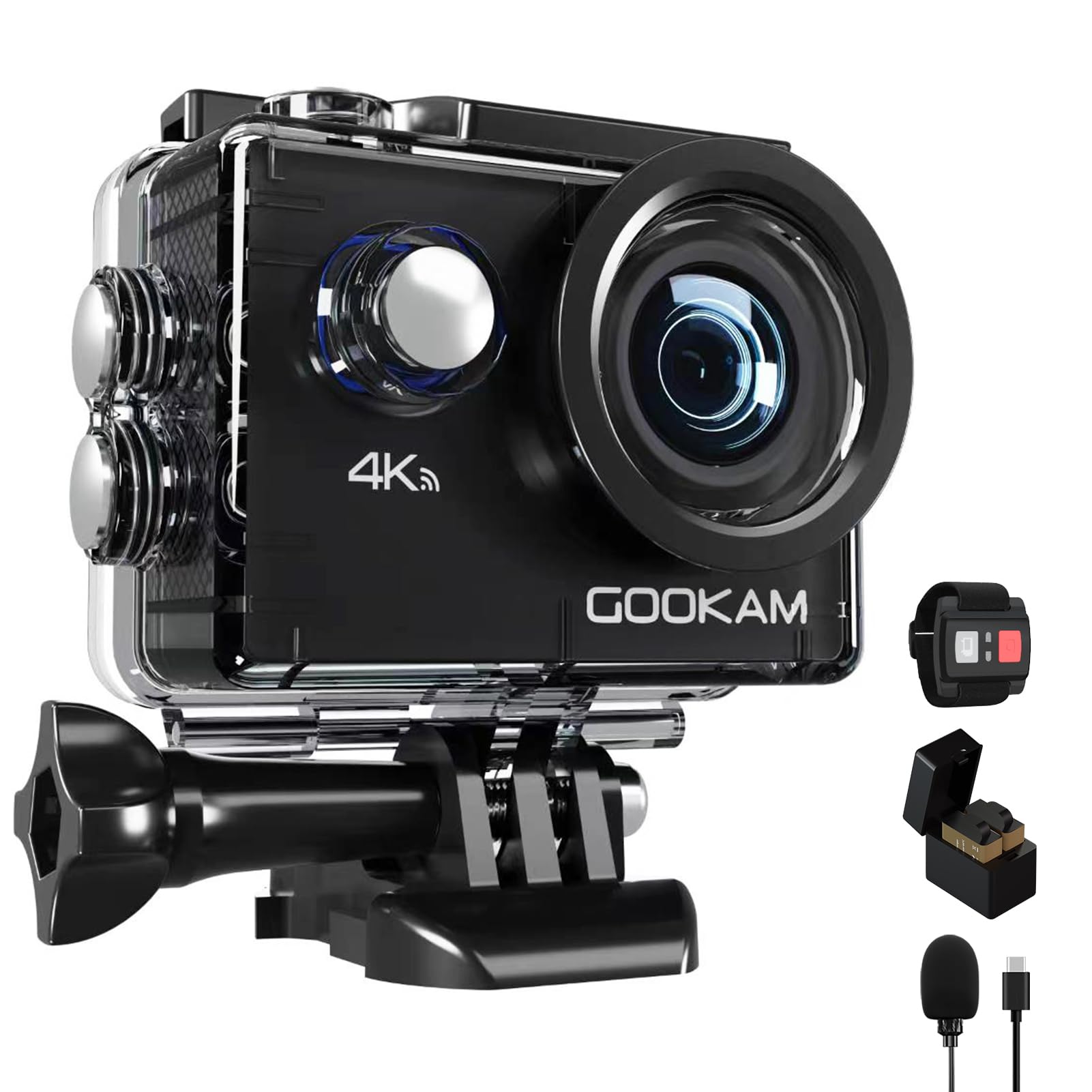 GOOKAM Go2アクションカメラ4K 30fps 20MP解像度 170°広角レンズ 40M防水WiFi搭載 HDMI出力2.4Gリモコン付き防水バッグ付き2x1050mAhバッテリー付き ウェアラブルカメラ アクセサリー豊富 バイク/自転車/車に取り付け可能 メーカーの1年間の保証商品画像