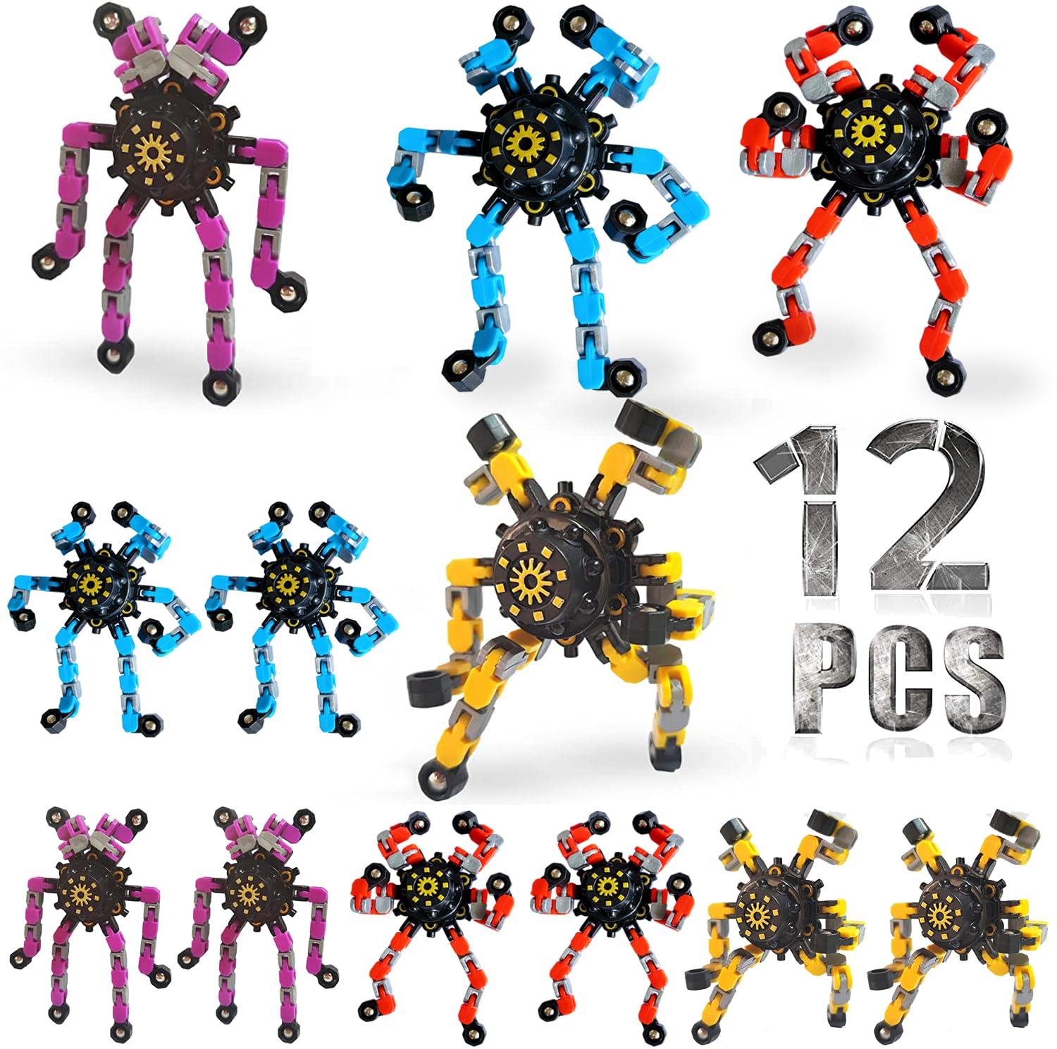 Photo 1 of 12 Pack Funny Sensory Fidget Toys,Deformable Chain DIY Robot Spinners Fingertip Stress Relief Gyro Toy Birthday Gifts Easter Basket Goodie Bag Stuffers Classroom Prizes Party Favors for Kids Adults