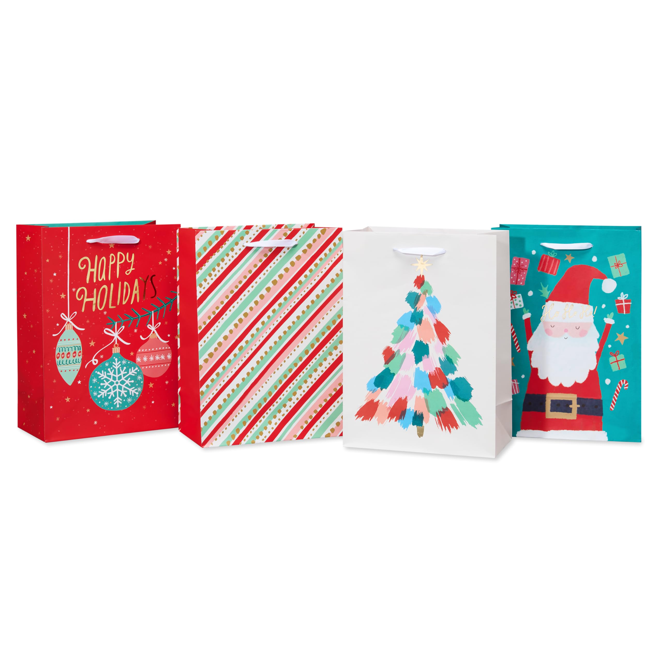 View 1 of ***(MISSING A BAG)***American Greetings 10" Medium Christmas Gift Bags, Santa, Ornaments, Stripes (4 Bags)
