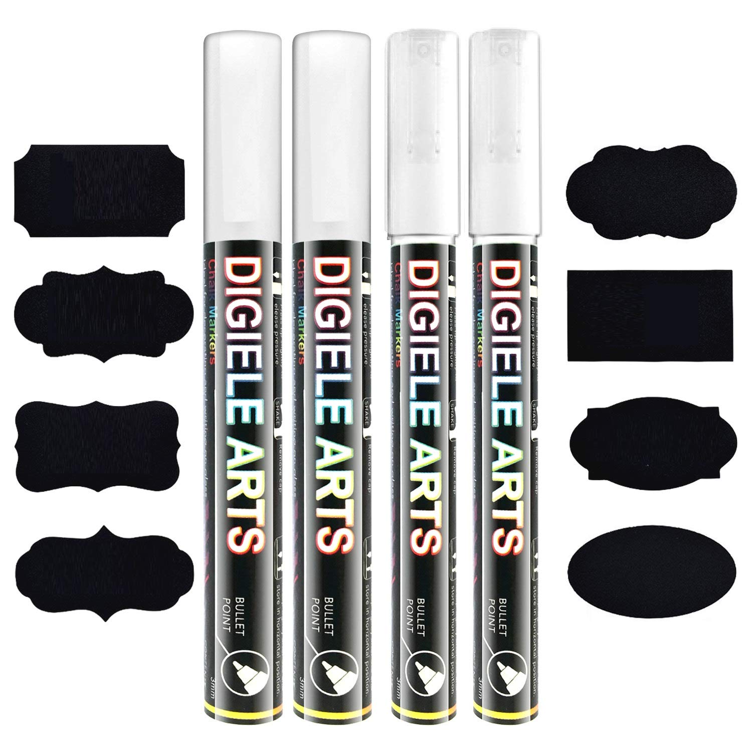 DIGIELE Liquid Chalk Marker Pens, 2pcs 3mm White Chalk Pens + 2pcs 6mm White Chalk Markers, Reversible Bullet or Chisel tip, Dry or Wet Wipe Erase, Pack of 4 with 16 Chalkboard Lables (White)