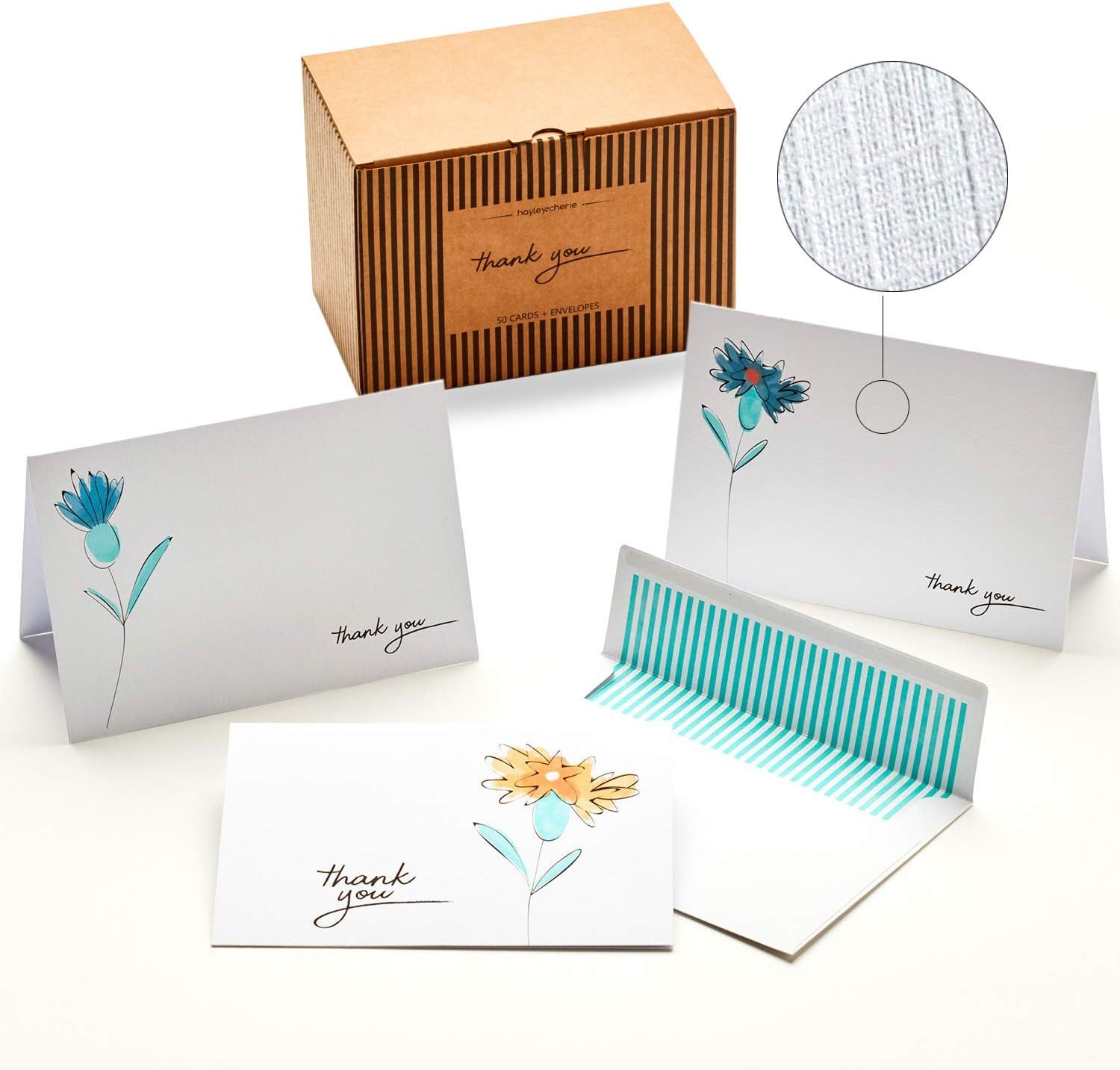 Hayley   Cherie  50 Watercolor Thank You Cards and Self Seal Envelopes - 350gsm Premium Heavyweight Card Stock in Assorted Floral Flower Designs with Green Striped Envelopes - 4x6 Photo Size (White)