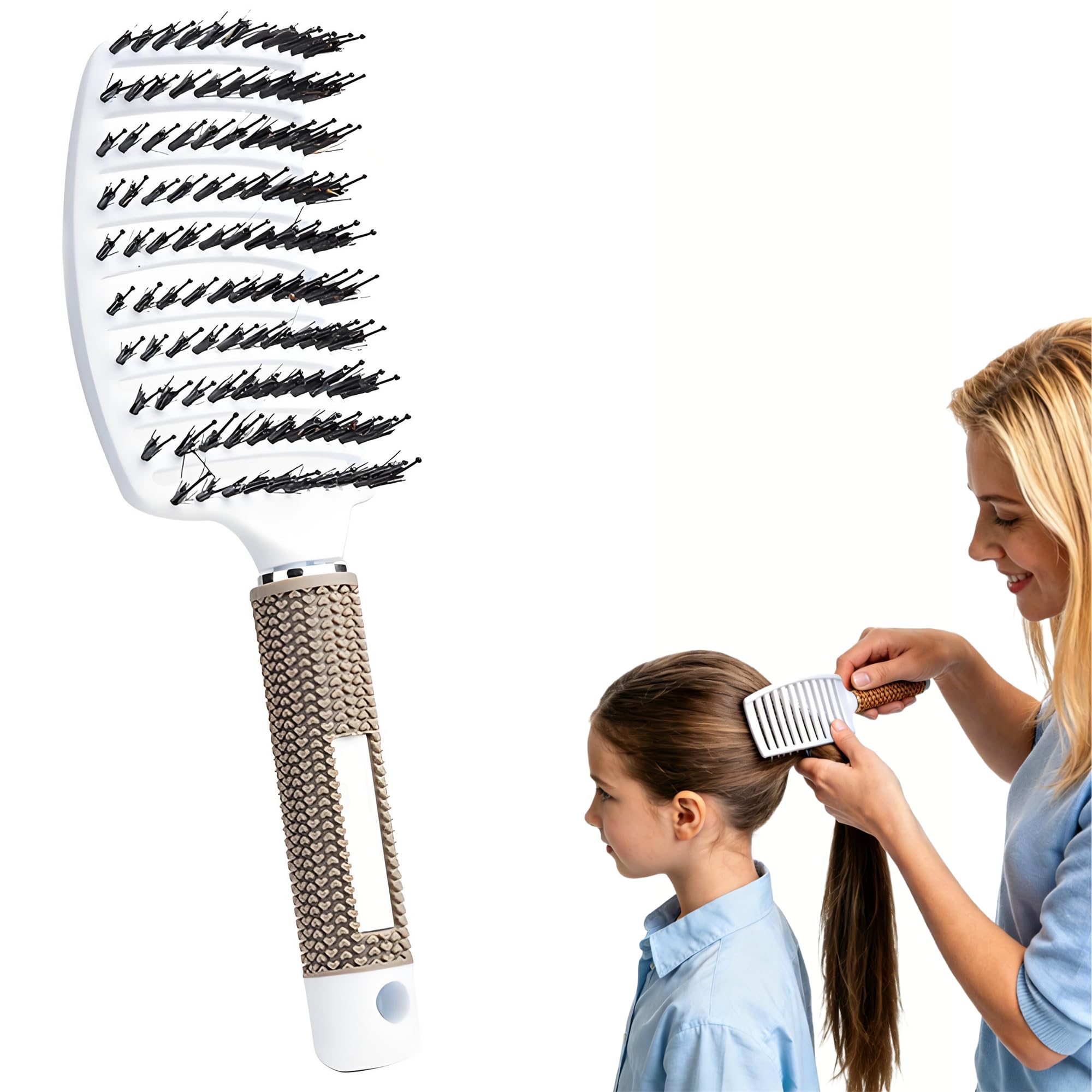 Pop Magic Detangling Hair Brush for Women and Kids, Boar Bristle Paddle Brush for Blow Drying, Wet Hair, Long, Thick, Curly, Afro Hair (White)
