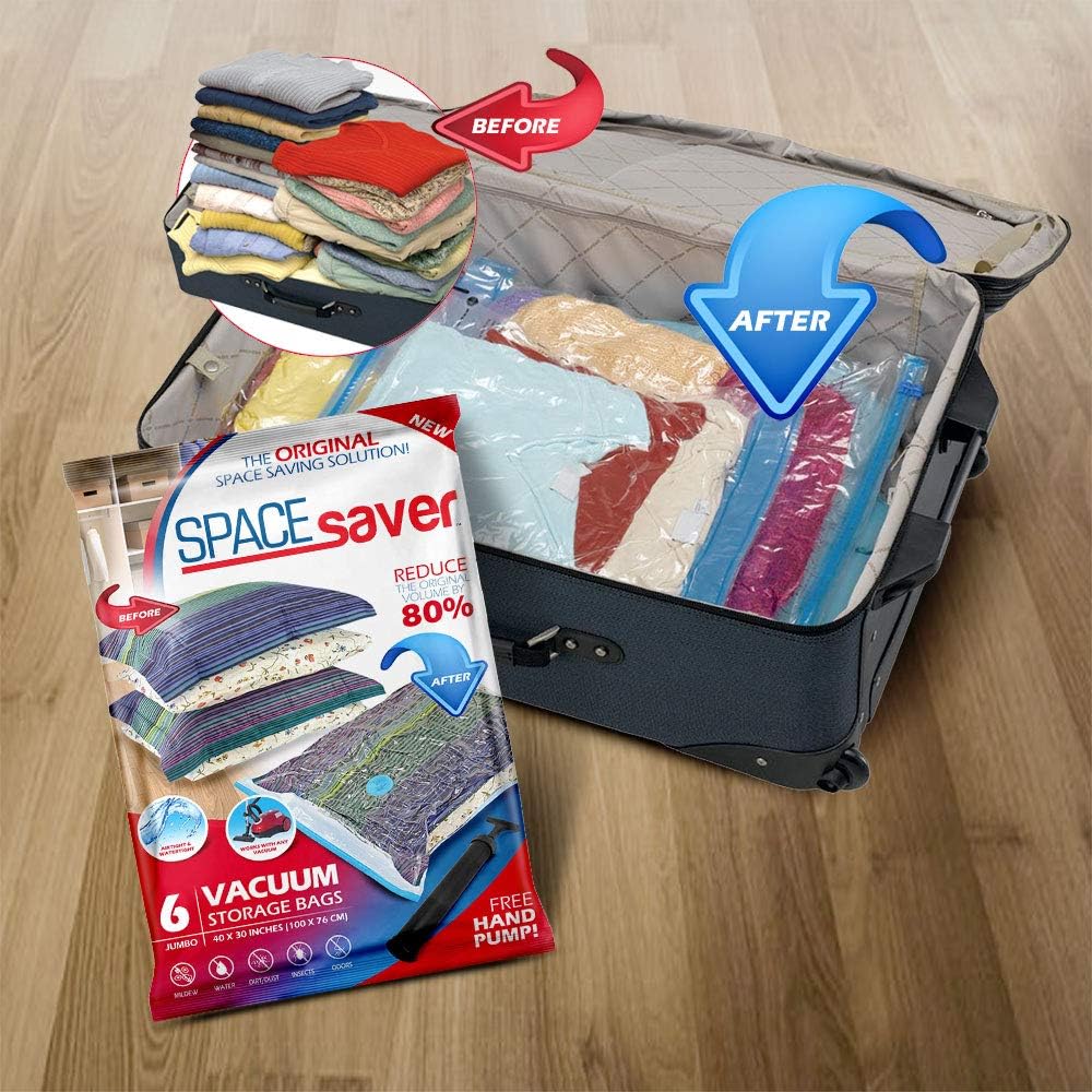 Spacesaver Premium Vacuum Storage Bags. 80% More Storage! Hand-Pump for Travel! Double-Zip Seal and Triple Seal Turbo-Valve for Max Space Saving! (Jumbo 6 Pack): Home & Kitchen