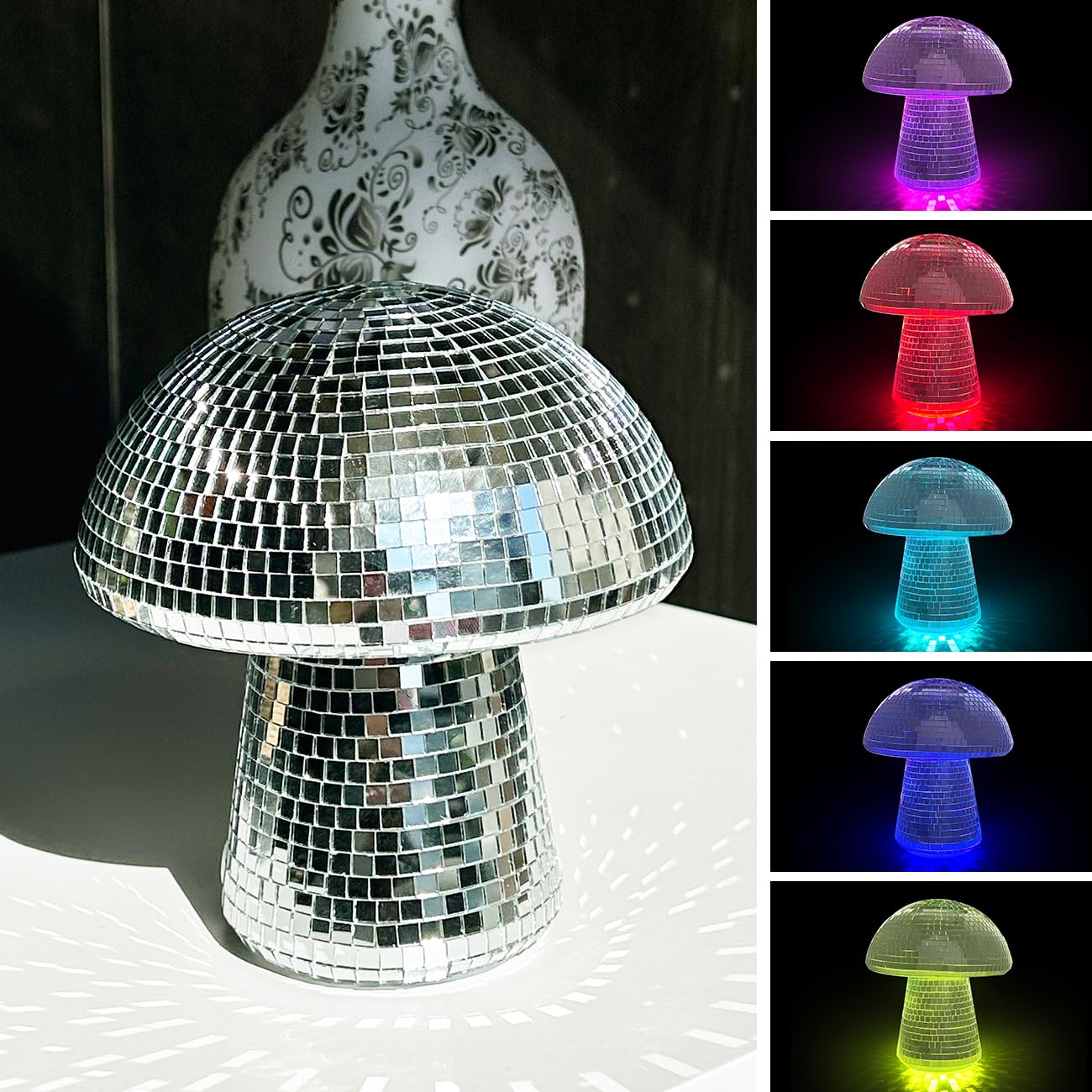 Photo 1 of Silver Mushroom Disco Lights, RGB Lights Disco Mirror Reflective Ball, 6 Inch Silver Mushroom Shape Home Art Decorations, Bar Ornaments
