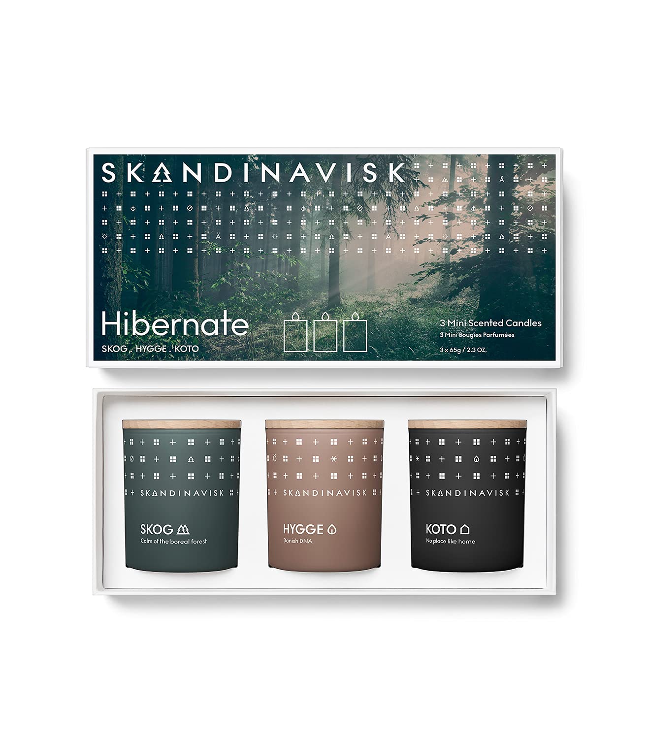 Skandinavisk - Hibernate Giftset of 3 Mini Scented Candles. Skog 'Forest', Hygge 'Cosiness', and KOTO 'Home'. Vegan Formula. 3 x 65g.
