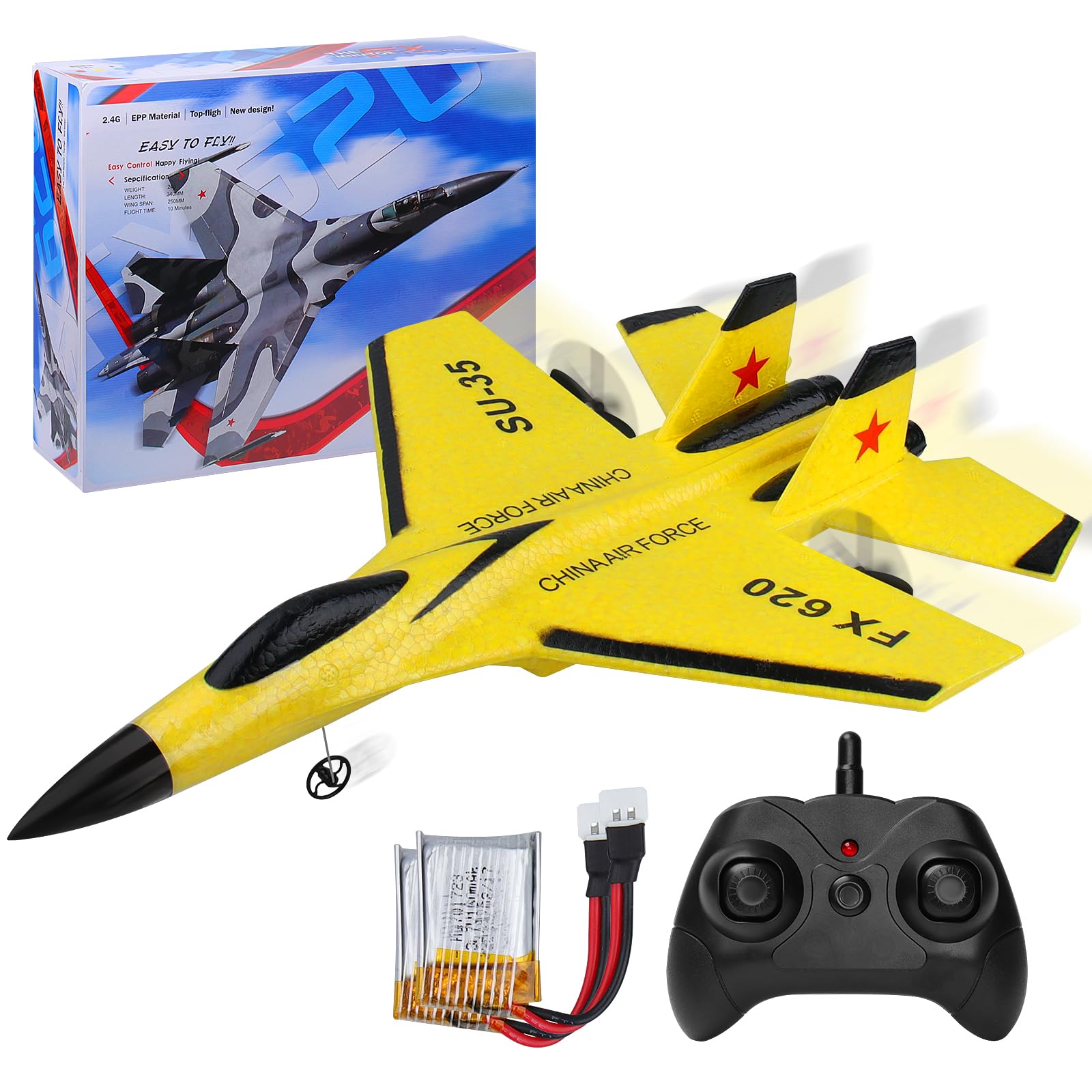 yusvwkj SU35 RC plane Drone 2.4GHz 2 Ch Remote Control Airplane EPP Foam 2 Batteries Remote Control plane/Drone/Fighter/helicopter/Jet Easy to Fly for Adults Kids Beginners,Boy toys Yellow