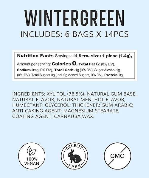 HAPPY ECO SUGAR FREE NATURAL CHEWING GUM 6 PACK (84 PIECES) – PLASTIC FREE, XYLITOL GUM WITH STEVIA – ASPARTAME FREE – NON GMO, VEGAN, GLUTEN FREE KETO – WINTERGREEN