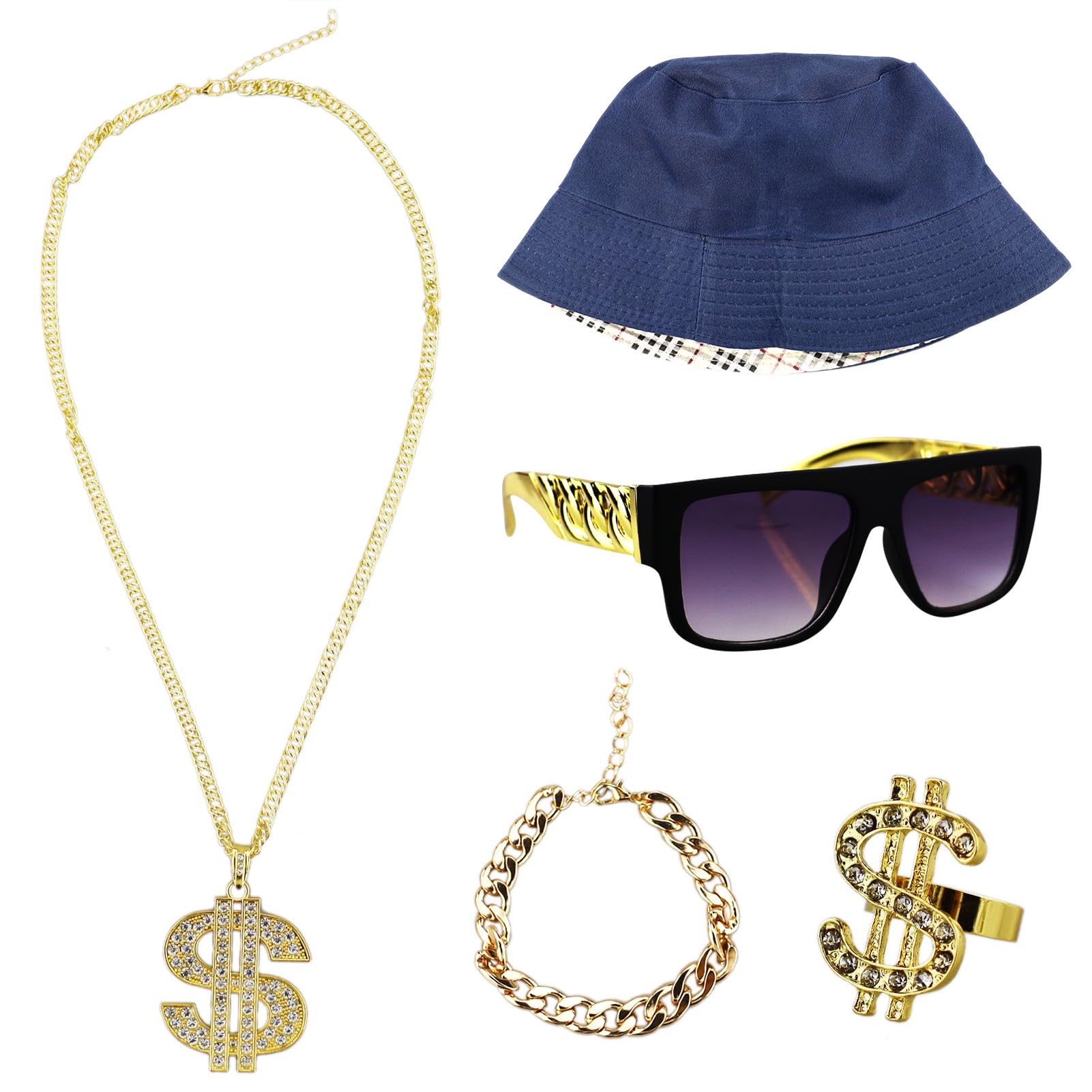 HXMJIED 4 Pcs Hip Hop Costume Kit, Hippy Accessories, 80s/90s Rapper Accessories,Hip Hop Fancy Dress Costumes,Bucket Hat Dollar Sign Necklace Sunglasses Gold Bracelet Ring Outfit for Disco Theme Party