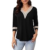 Womens Tops 3/4 Sleeve Shirts Casual Lace V Neck Blouses Loose Fit Dressy Basic T-Shirt