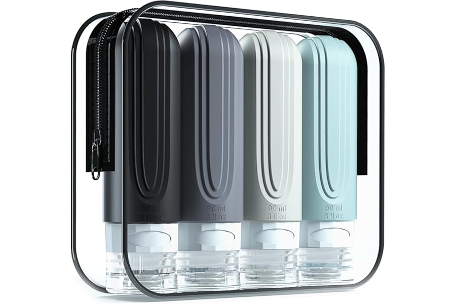 Mrsdry Travel Bottles for Toiletries, Tsa Approved 3oz Travel Size Containers BPA Free Leak Proof Refillable Liquid Silicone Squeezable Travel Accessories for Shampoo Conditioner Lotion (4 Pack)