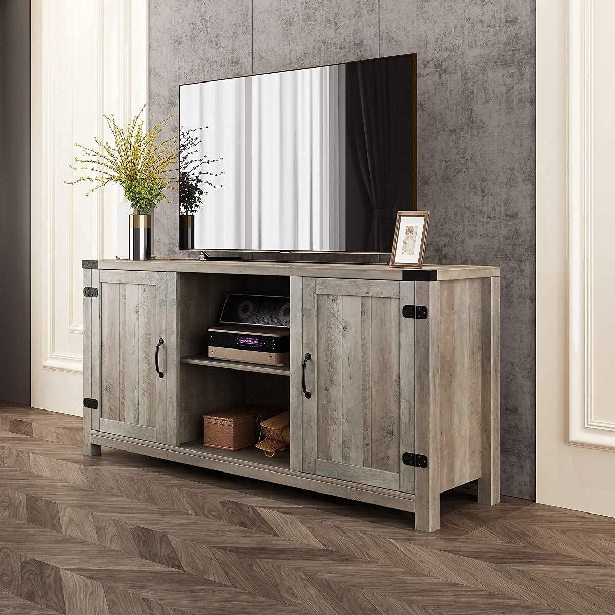 BAOLEJIA Tall TV Stand for 65 inch tv, TV Console Table in Rustic Gray Wash, TV Entertainment Center, Television Stands, 59 Inch