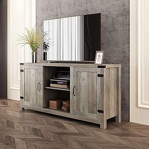 BAOLEJIA Tall TV Stand for 65 inch tv, TV Console Table in Rustic Gray Wash, TV Entertainment Center, Television Stands, 59 Inch