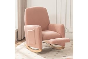 FOXHUNTER Rocking Chair, Nursery Chair with Adjustable Footrest and High Backrest, Glider Chair for Nursery with Side Pockets, Upholstered Rocking Chair Indoor for Living Room, Teddy Pink