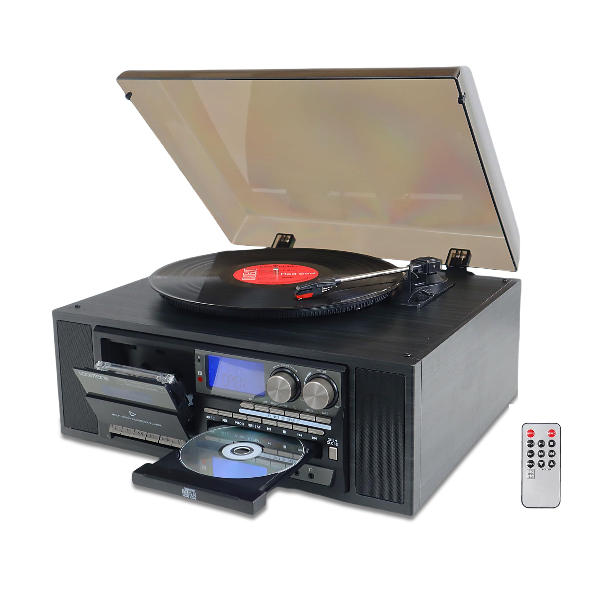 Photo 1 of 10 in 1 Vinyl Record Player 3 Speed Bluetooth Vintage Automatic Turntable CD Cassette Player AM/FM Radio USB Recorder Aux-in RCA Line-Out (Black)