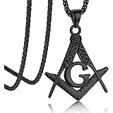 Bandmax Mens Pendant Necklace Stainless Steel Masonic Necklace for Men Freemason Pendants with 22" Spiga Chain Masonic Gifts for Father Husband