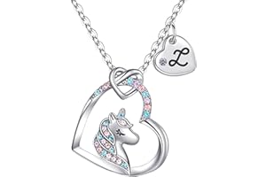 Rucher Unicorn Necklace for Girls Kids with Personalized Initial Heart Pendant, 18K Gold Fashion Jewelry for Girls, Colorful Heart Necklace for Birthday Gifts.