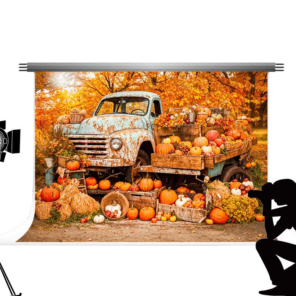 Kate Photography Backdrop Autumn Background 7x5ft/2.2x1.5m Outdoor Decoration Pumpkins Backdrop Yellow Tree Scenery Photo Booth Backdrop