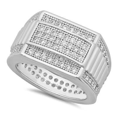 Men's Iced Out Cubic Zirconia Band Ring - Rhodium Plated, Size 13, Micro-Pave Simulated Diamond - View #8