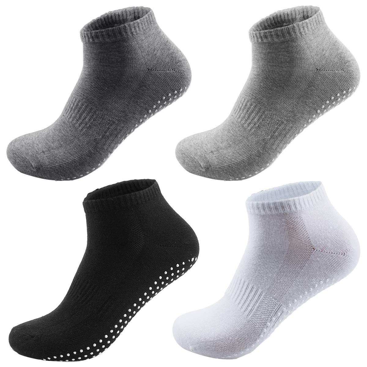 NATUCE Men's Non Slip Yoga Socks Non Skid Pilates, Barre, Bikram Fitness Hospital Slipper Socks with Grips for Adults Men Women Multipack(Black/White/Dark Grey/Grey)