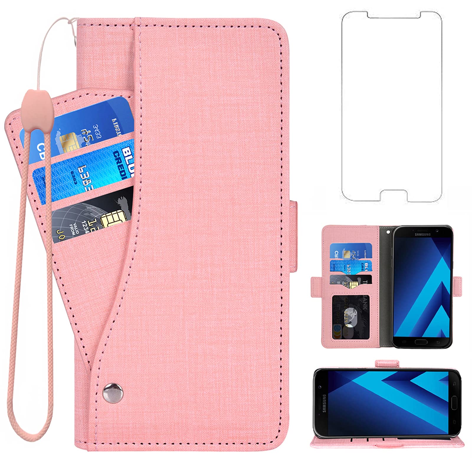 Asuwish Compatible with Samsung Galaxy A5 2017 Wallet Case Tempered Glass Screen Protector and Leather Flip Cover Card Holder Cell Accessories Phone Cases for Glaxay 5A Gaxaly SM-A520W Women Men Pink