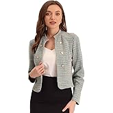 Allegra K Vintage Tweed Jackets for Women's Stand Collar Business Open Front Cropped Blazer Jacket