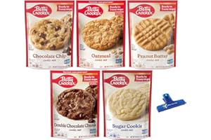 Betty Crocker Cookie Mix Variety, Chocolate Chip, Oatmeal, Peanut Butter, Double Chocolate Chunk, and Sugar Cookie, 17.5 Ounce (Pack of 5) - with Make Your Day Bag Clip