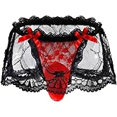 ChiaoLezhee Mens Lace Sexy Underwear, Sissy Pouch Panties Femboy For Men, Low Rise Bow Lingerie Fits 34-42, Sheer Girly