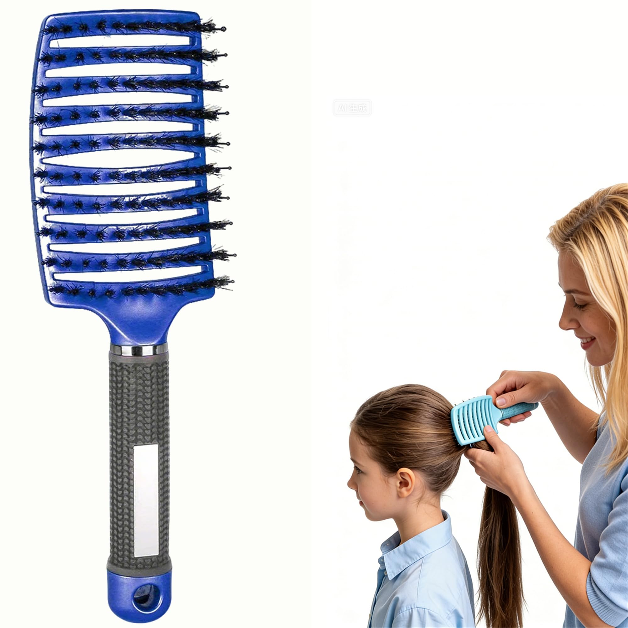 Pop Magic Detangling Hair Brush for Women and Kids, Boar Bristle Paddle Brush for Blow Drying, Wet Hair, Long, Thick, Curly, Afro Hair (Blue)