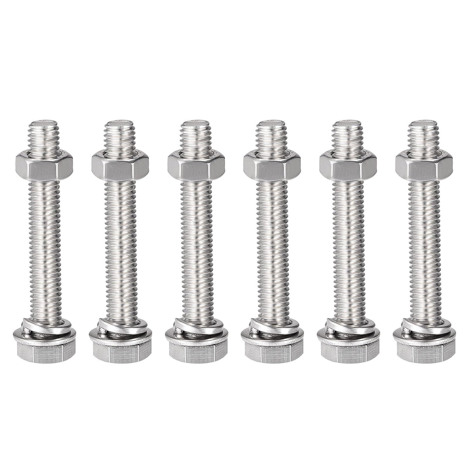 TOP-VIGOR 6Pcs M8 x 50mm Hex Head Screws Bolts, Nuts, Flat & Lock Washers Kits, 304 Stainless Steel Fully Thread Hexagon Bolts for DIY Bike Motorcycles Repair