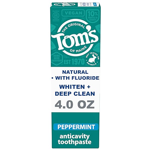 TOM’S OF MAINE WHITEN PLUS DEEP CLEAN WHITENING TOOTHPASTE, NATURAL WHITENING TOOTHPASTE WITH PLANT-BASED CLEANSERS, ENAMEL SAFE FORMULA, WHITENS WITHOUT CAUSING SENSITIVITY, PEPPERMINT, 4.0 OZ