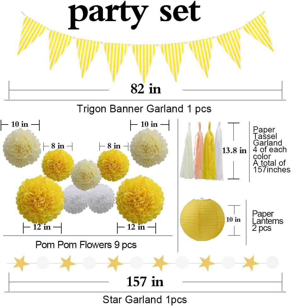 33pcs Party Decoration Supplies Set, Yellow Tissue Paper Pom Poms Flowers Paper Lanterns Tassels Hanging Garland Banner Triangle Flag Bunting for Birthday, Bridal, Baby Shower, Wedding Graduation: Arts, Crafts & Sewing