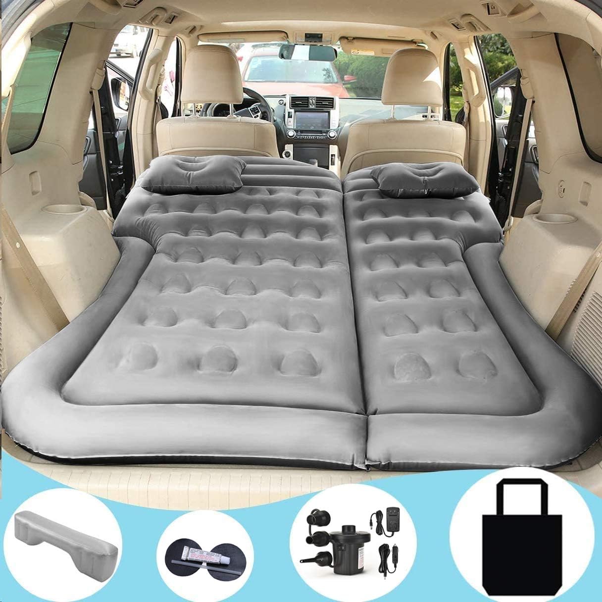 SAYGOGO SUV Air Mattress Camping Bed Cushion Pillow - Inflatable Thickened Car Air Bed with Electric Air Pump Flocking Surface Portable Sleeping Pad for Travel Camping Upgraded Version - Gray: Kitchen & Dining