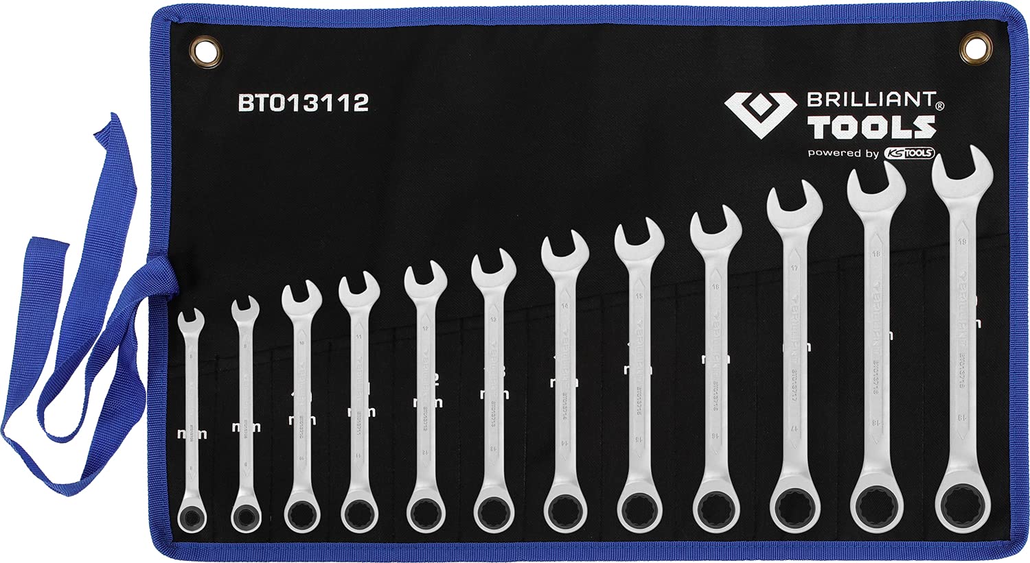 BRILLIANT TOOLS BT013112 Ratchet Ring Spanner Set, 12 Pieces, 8-19 mm [Powered by KS Tools]