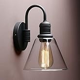 Yosoan 1-Light Vintage Industrial Fixture Light, Funnel Flared Clear Glass Shade with Elegant Gooseneck Curved Rod Wall Sconc