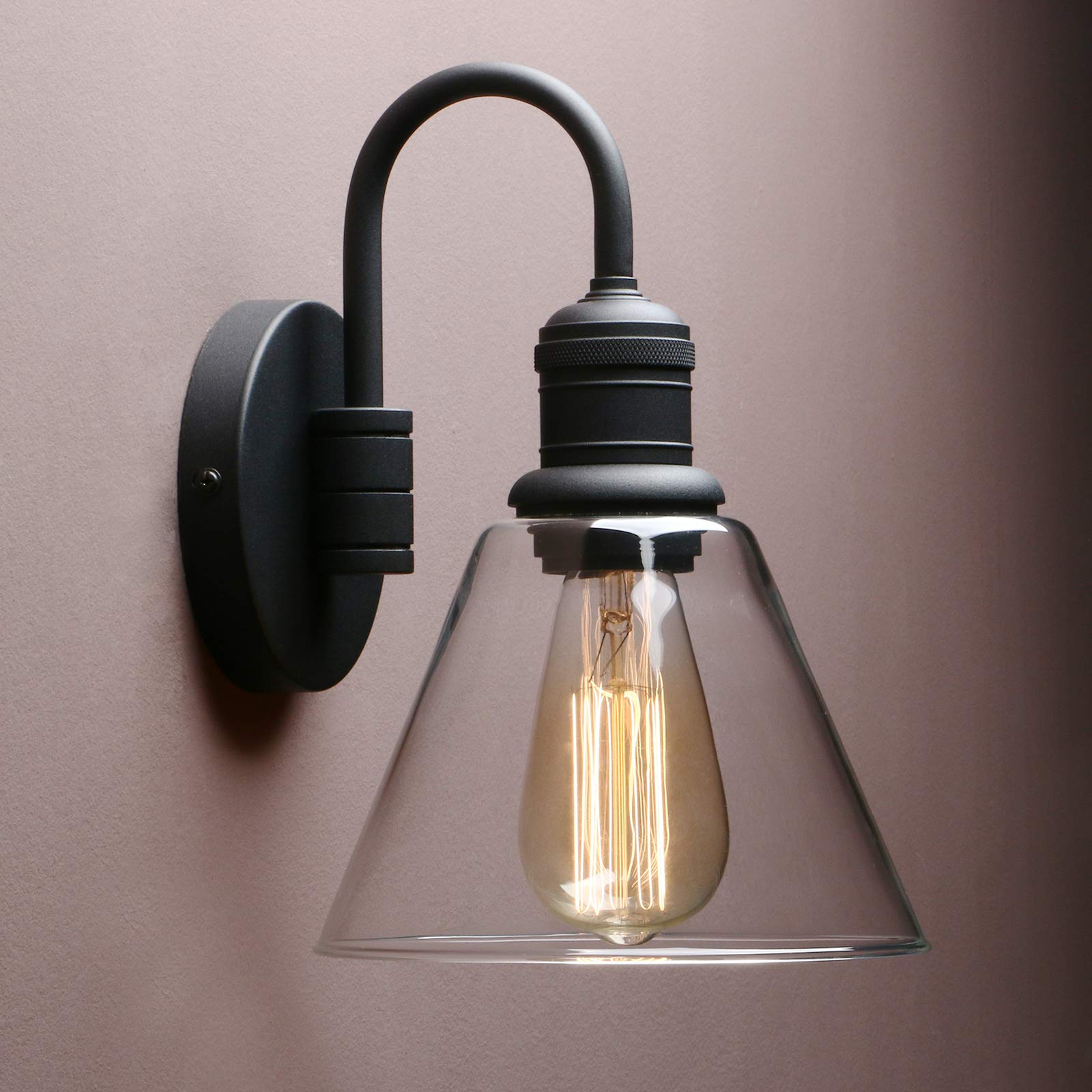 Photo 1 of Yosoan 1-Light Vintage Industrial Fixture Light, Funnel Flared Clear Glass Shade with Elegant Gooseneck Curved Rod Wall Sconce for Bathroom Porch Kitchen Living Room Hotel Bar Foyer(Black)